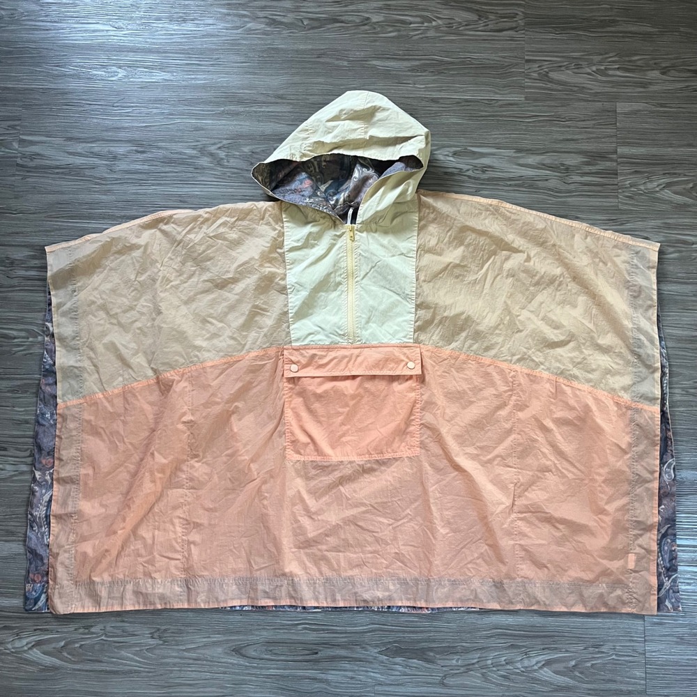 Free People Movement Colorblock Rain Poncho Hooded Paisley Lined Peach Tan OS